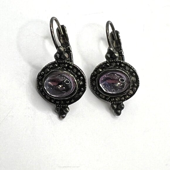 Vintage Pierced Earrings Silver Tone Marcasite Purple Glass‎ Stone - Picture 1 of 10